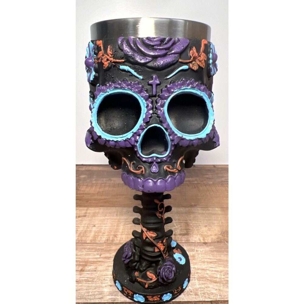 Sugar Skull Goblet Purple & Blue Floral Design Exterior Gothic Decor